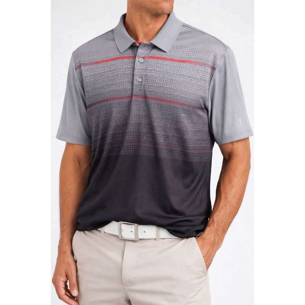 PGA TOUR Men’s Golf Polo Shirt Gray Black Stripe Athletic Fit Size XL